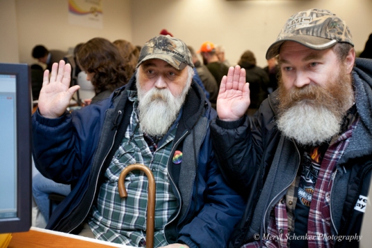 Larry Duncan, 56, and Randy Shepherd, 48, from North Bend Washington, get their marriage license on the first day it was legal for same-sex couples to do so in Washington State, 12/6/12. Photo Credit: Meryl Schenker Photography. Via.